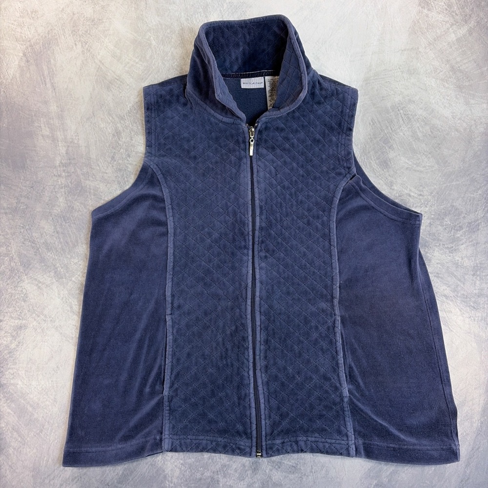 White Stag Velour Vest Womens L 12/14 Navy Blue Quilted Full Zip Mock Neck
